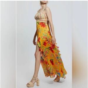 GUESS Women's Serena Crochet-Trim Tropical Yellow Floral Maxi Dress Size: Large